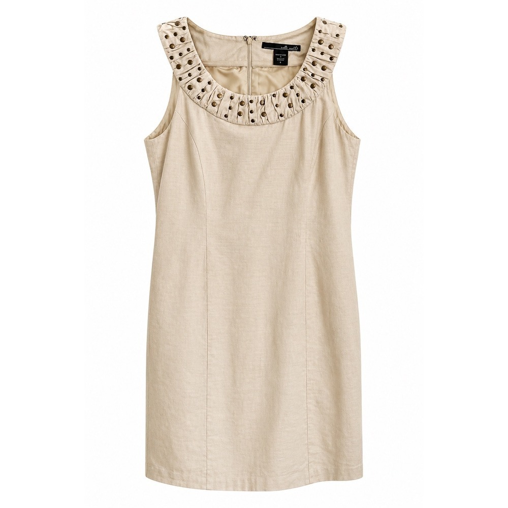 Willi Smith Sleeveless Sheath Dress size 6 tan Metallic Embellished Neckline
